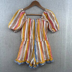 Janie and Jack Romper Girls 10 Pink Striped Puff Sleeve Bow Ruffle Barretter